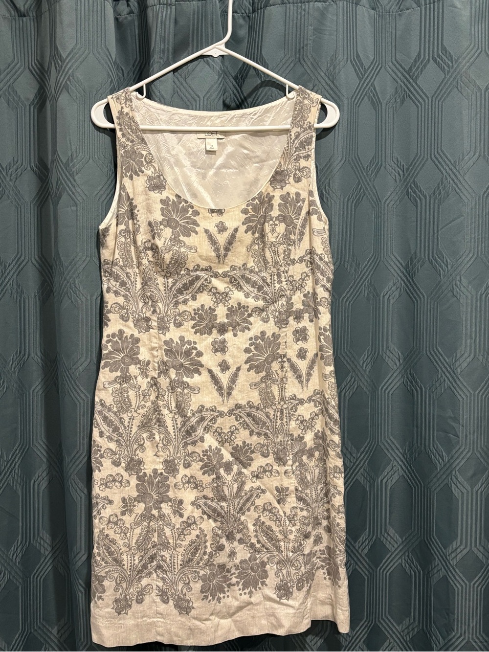 LOFT Cream and Gray Paisley Floral-Print Sleeveless Mini Linen Silk Blend Dress